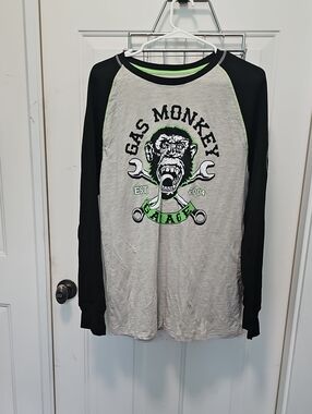 Men's Long Sleeve "Gas Monkey" Shirt - Black & Gray with Green Accent Size L